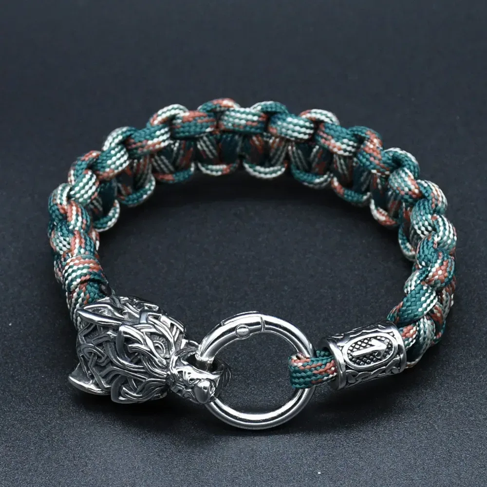 Edelstahl-Wolfskopf-Armbänder für Männer mit Nordischen Wikinger-Runenperlen und Überlebens-Paracord-Seil
