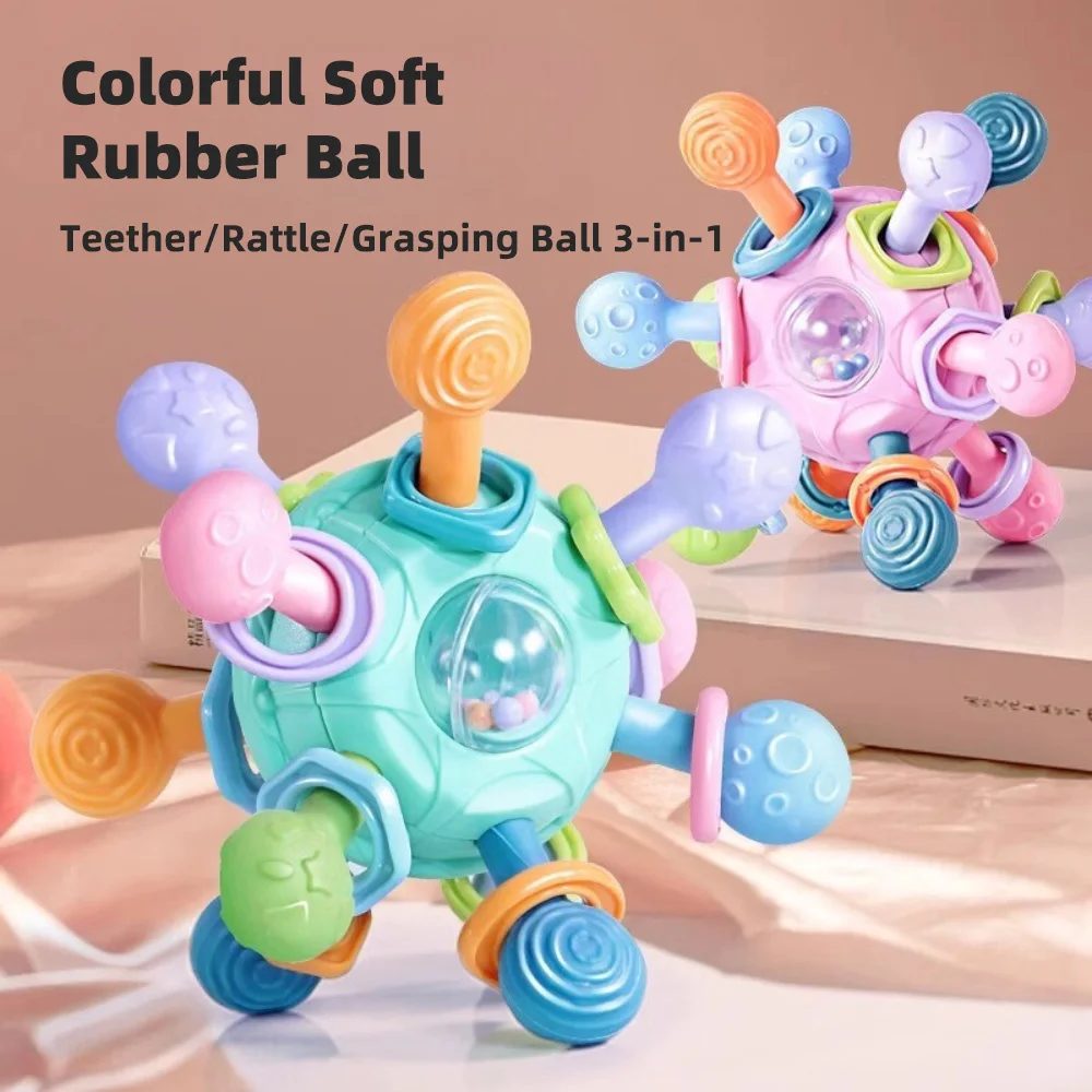 Baby Manhattan Greifball ? 3-in-1-Beißring, Rassel und weiches Gummi-Greifspielzeug zur Früherziehung und zur Linderung von Zahnen