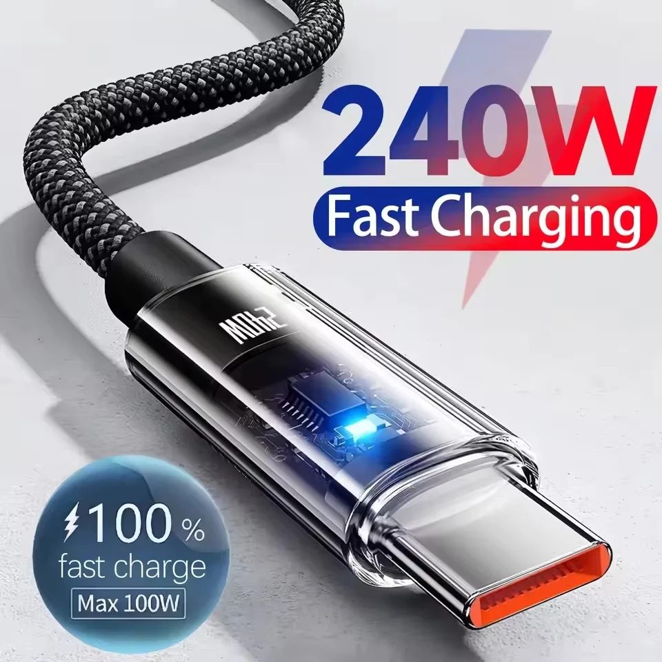 0,25/1/1,5/2M 240W Nylon USB-C PD Superschnelles Lade- und Datenkabel mit LED-Anzeige USB auf Typ-C Schnelllade-Datenkabel Neu