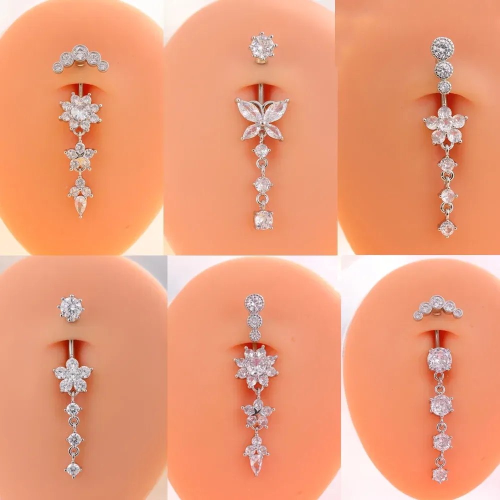 1 Stück Langer baumelnder Bauchnabelpiercing aus Edelstahl mit Blumen-, Schmetterlings- und Kristall-Design, geschwungener Bauchnabelpiercing-Ring für Damen, Schmuck