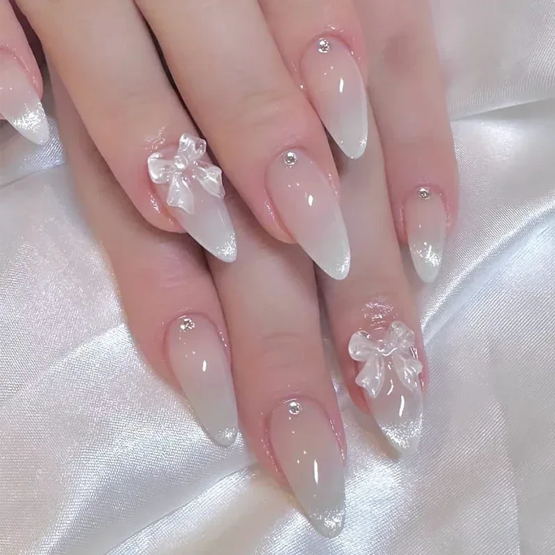 24 Stück süße Katzenaugen-französische Nägel zum Aufdrücken, diamantspitz, dreidimensionale Schleife, Knoten, tragbarer Nagel für Frauen und Mädchen, Mandelnägel