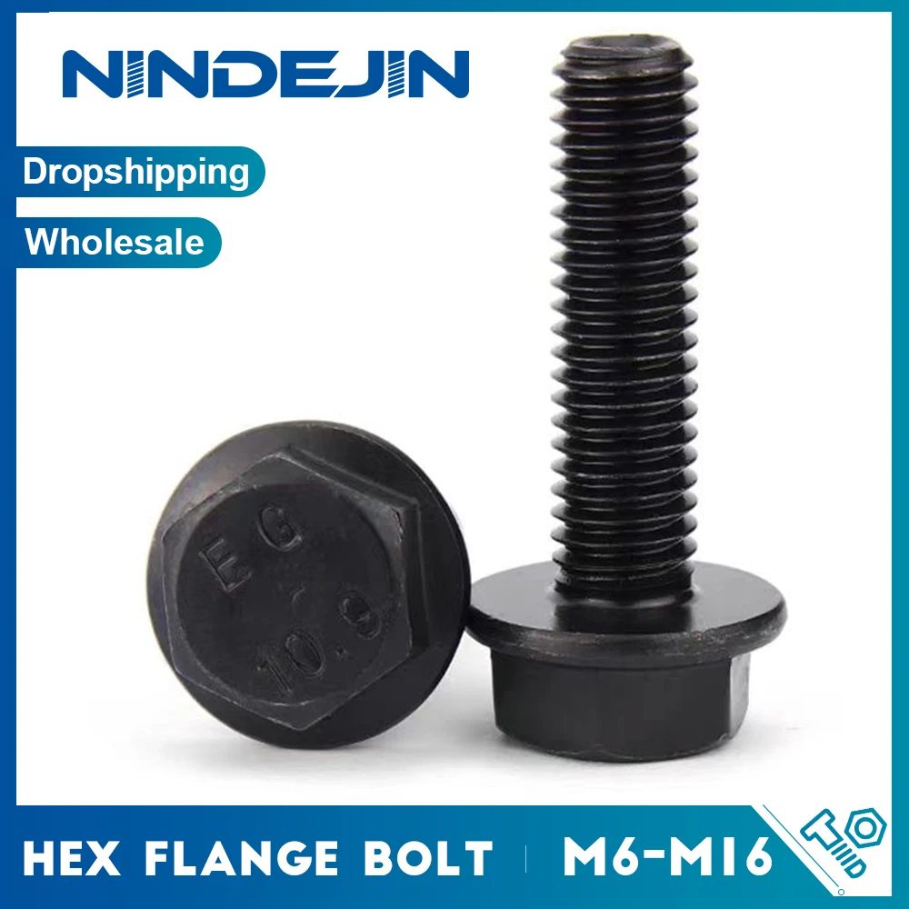 NINIDEJIN 1?10 Stück, nicht zertriebene Sechskant-Flanschschrauben, M6, M8, M10, M12, M14, M16, Sechskantschrauben aus legiertem Stahl der Güteklasse 10,9 mit Flansch