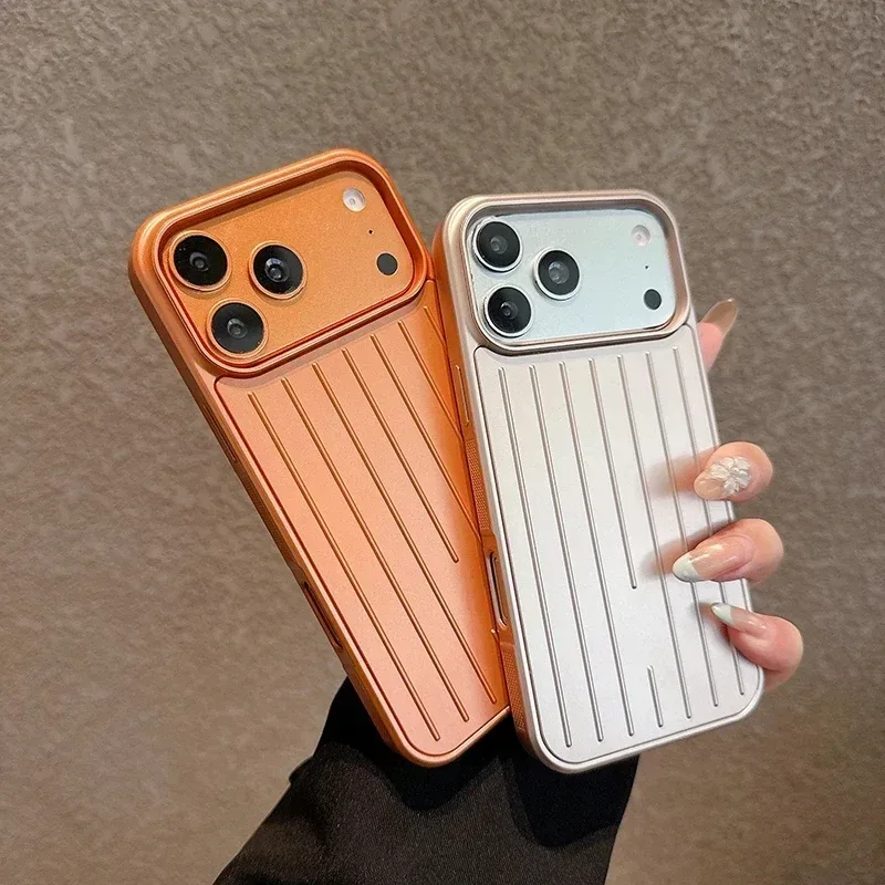 Luxuriöse gestreifte Handyhülle mit Koffer-Textur für iPhone 18 17 16 15 14 13 Pro Max, stoßfest, glänzend in Titanfarben, Business-Cover