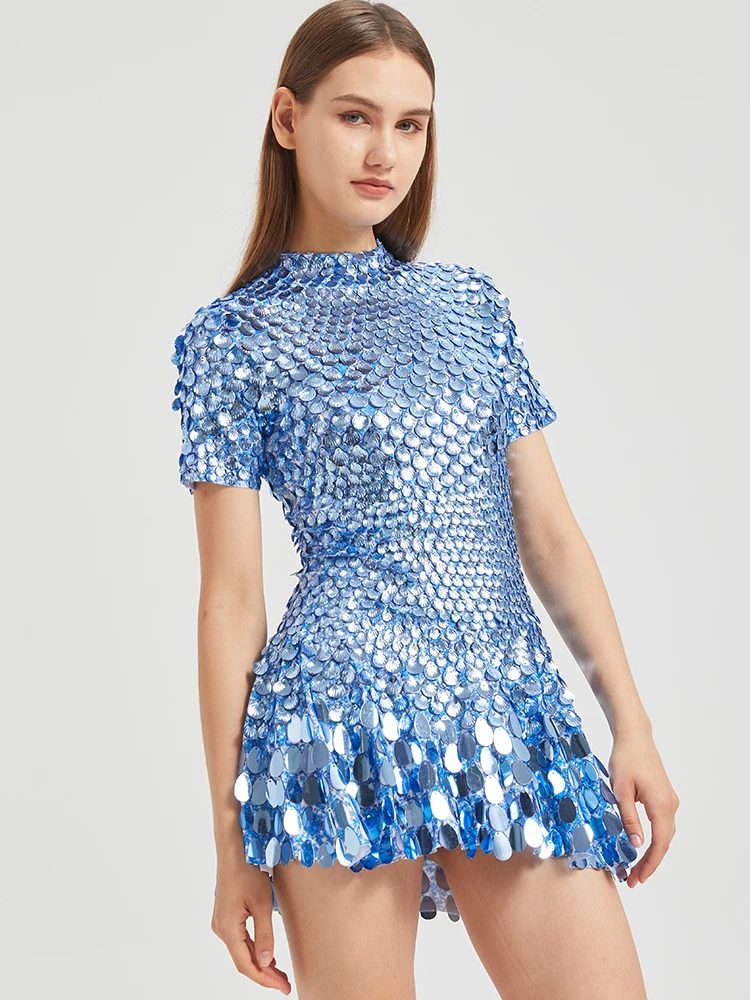XXXL Sexy Seeblaues Pailletten-Minikleid Nachtclub-Tanzkleidung Hochwertige Performance-Kleidung Bodysuit Geburtstags-Rotkleid