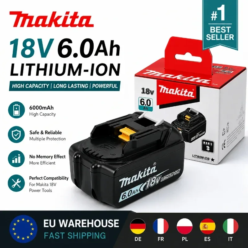 Original Makita 18V 6,0Ah Akku BL1860B Li-Ion Akku Original LXT Akku Kompatibel mit BL1850B BL1840 BL1830 Elektrowerkzeugen, Hochleistungs-Akku mit langer Laufzeit, Professioneller Werkzeugakku EU