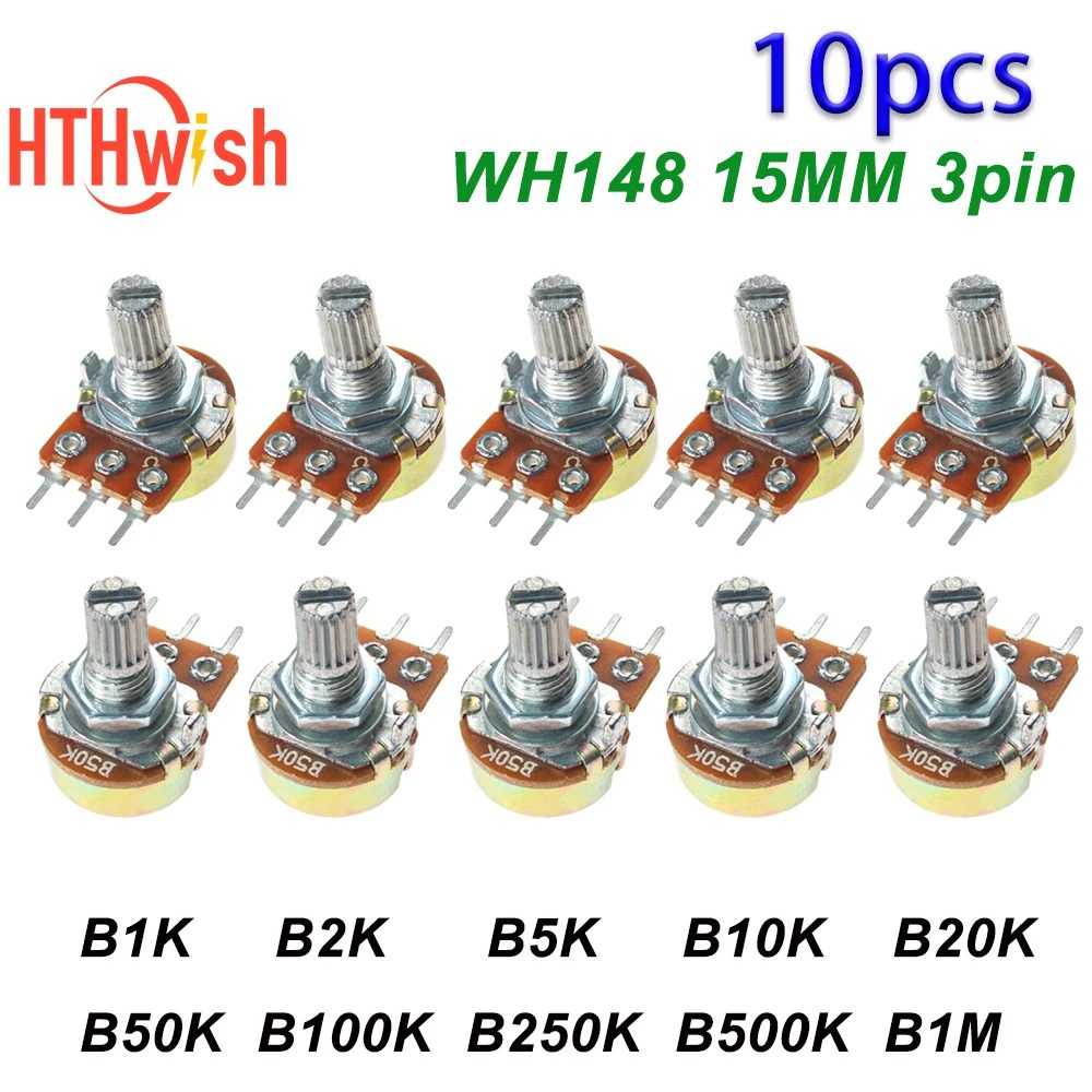 10PCS 15mm 3pin WH148 Linear Potentiometer Mit Muttern Und Unterlegscheiben 1K 2K 5K 10K 20K 50K 100K 250K 500K 1M Potentiometer Kit