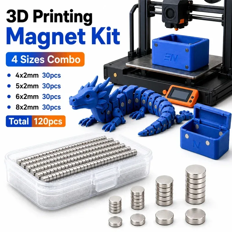120-teiliges 3D-Druck-Magnete-Set für Bambu Lab, 4 verschiedene Größen, leistungsstarke Neodym-Magnete, 3D-Druck-Werkzeug-Kit für DIY-Teile
