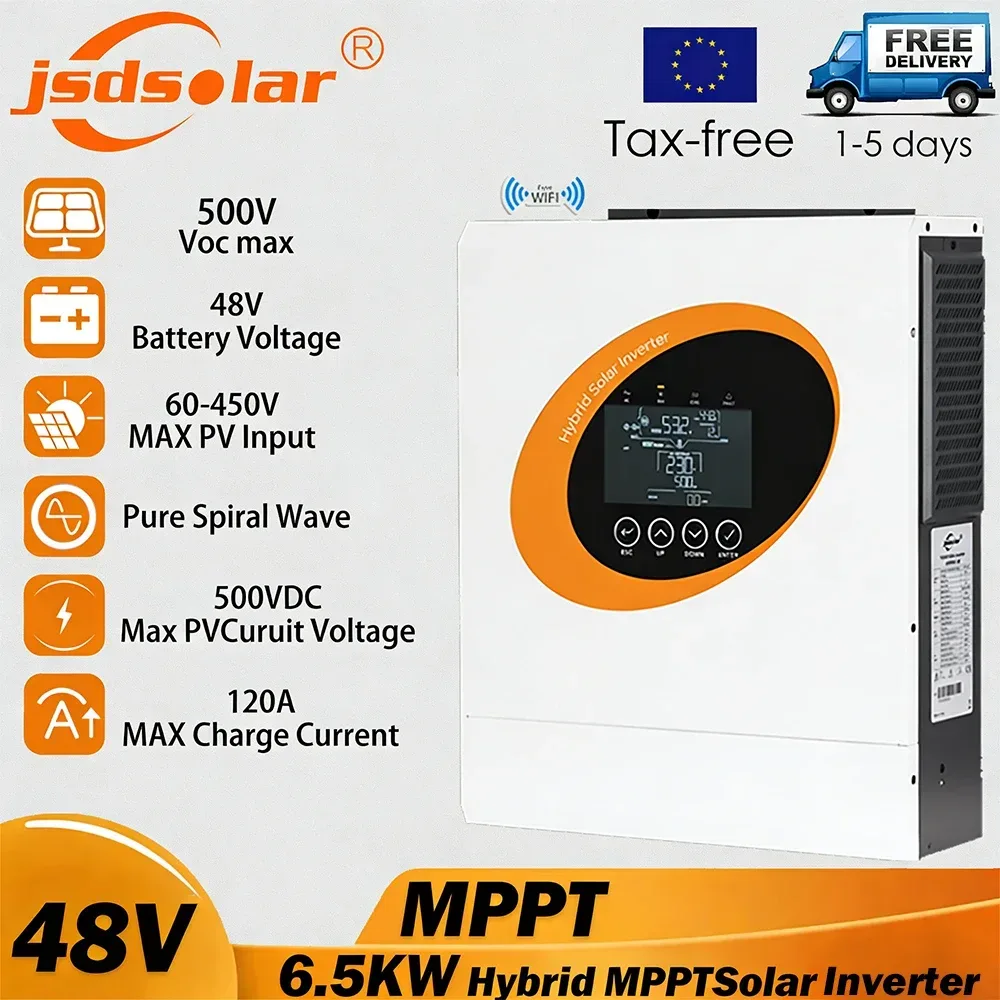 Jsdsolar 6,5KW Hybrid-Solarwechselrichter Off-Grid Reiner Sinuswellen-WLAN-Wechselrichter 48V 230V Ausgang mit MPPT 120A Solarladegerät