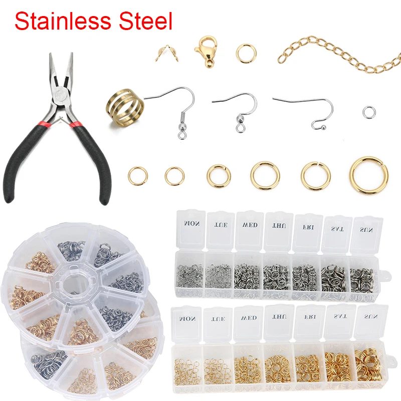 Schmuckherstellungsset Set Box Edelstahl Offene Biegeringe Karabinerverschlüsse Ohrringhaken Für Armbandzubehör Halskettenzubehör