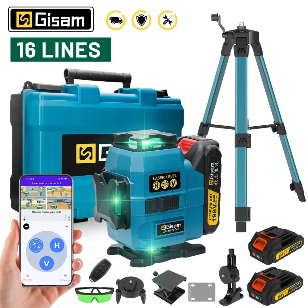 Gisam 16-Linien 4D-Lasernivelliergerät 360° Vertikal- & Horizontal-Laser Professioneller Superkraft-Grünstrahl für Makita 18V-Akku