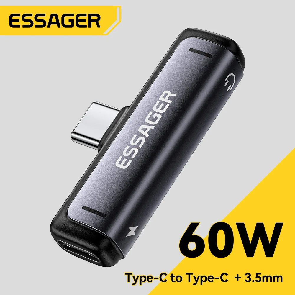 Essager 2-in-1 Lade- und Audio-Adapter USB Typ C zu 3,5mm Kopfhörer-Audio-Aux-Konverter 60W Ladefunktion für MacBook iPhone Xiaomi
