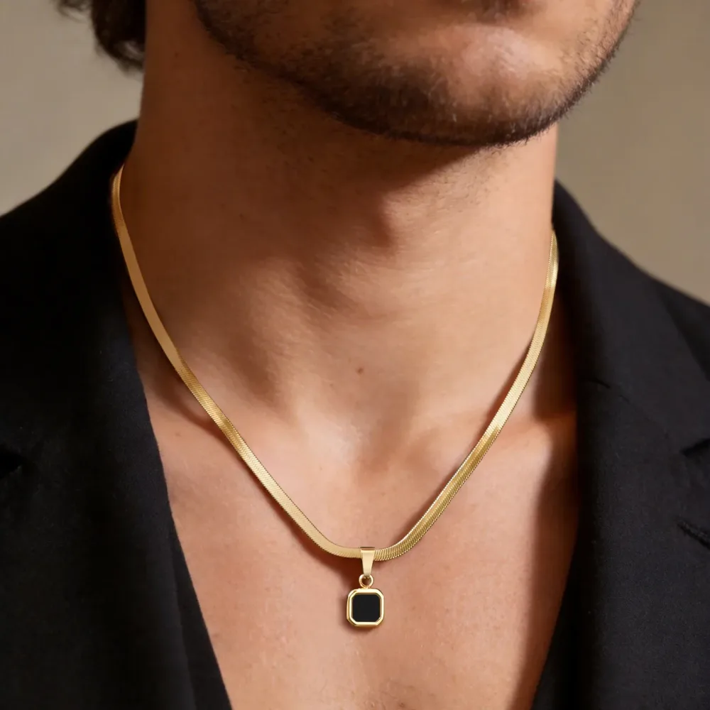 Vnox Geometrische quadratische Halskette mit Naturstein-Anhänger für Herren, gold-silberfarbene Edelstahl-Klingenkette, trendiges Schmuckgeschenk