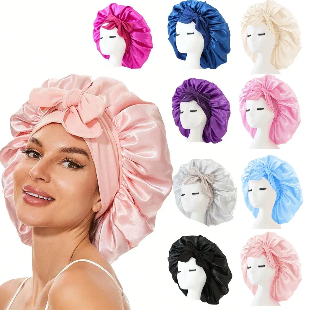 Satin-Mütze, Seidenmütze, verstellbare Mütze zum Schlafen, Haar-Mütze mit Bindeband, Mütze für Damen und Herren