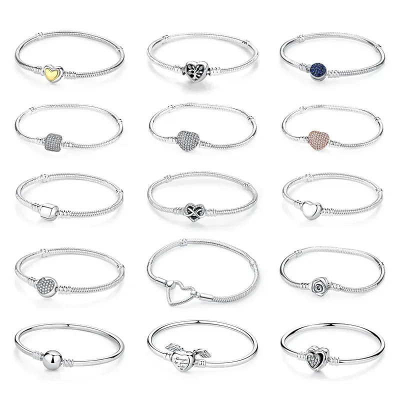 Original 925 Sterling Silber Armbänder Armreifen Liebesherz Clip Charms Perlen Schlangenketten für Frauen Roségold DIY Luxus Schmuck