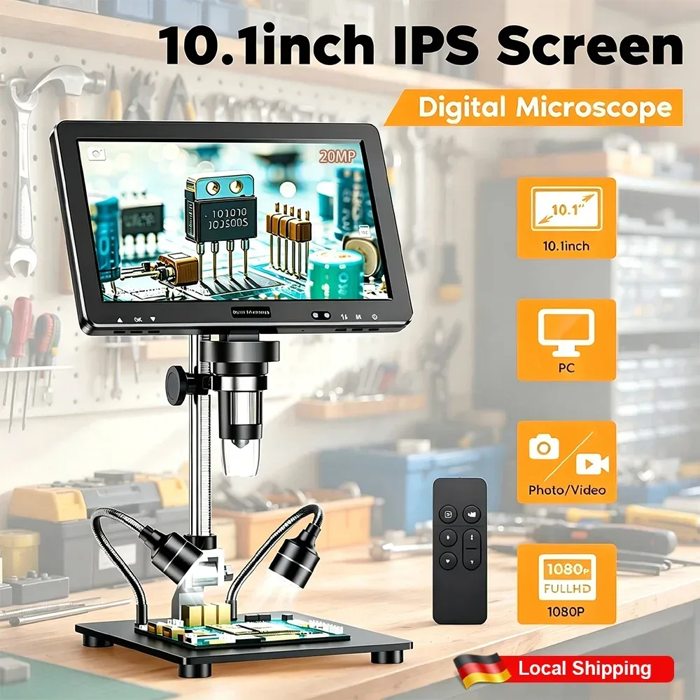 Neues 10,1'' HDMI Digitalmikroskop 2000X Münzmikroskop mit 8 LEDs, 20MP, eingebauter Batterie, Lötmikroskop für Elektronik, Leiterplatten, Reparaturen, Schmuck, PC-Anzeige, LCD-Lötlupe für Erwachsene