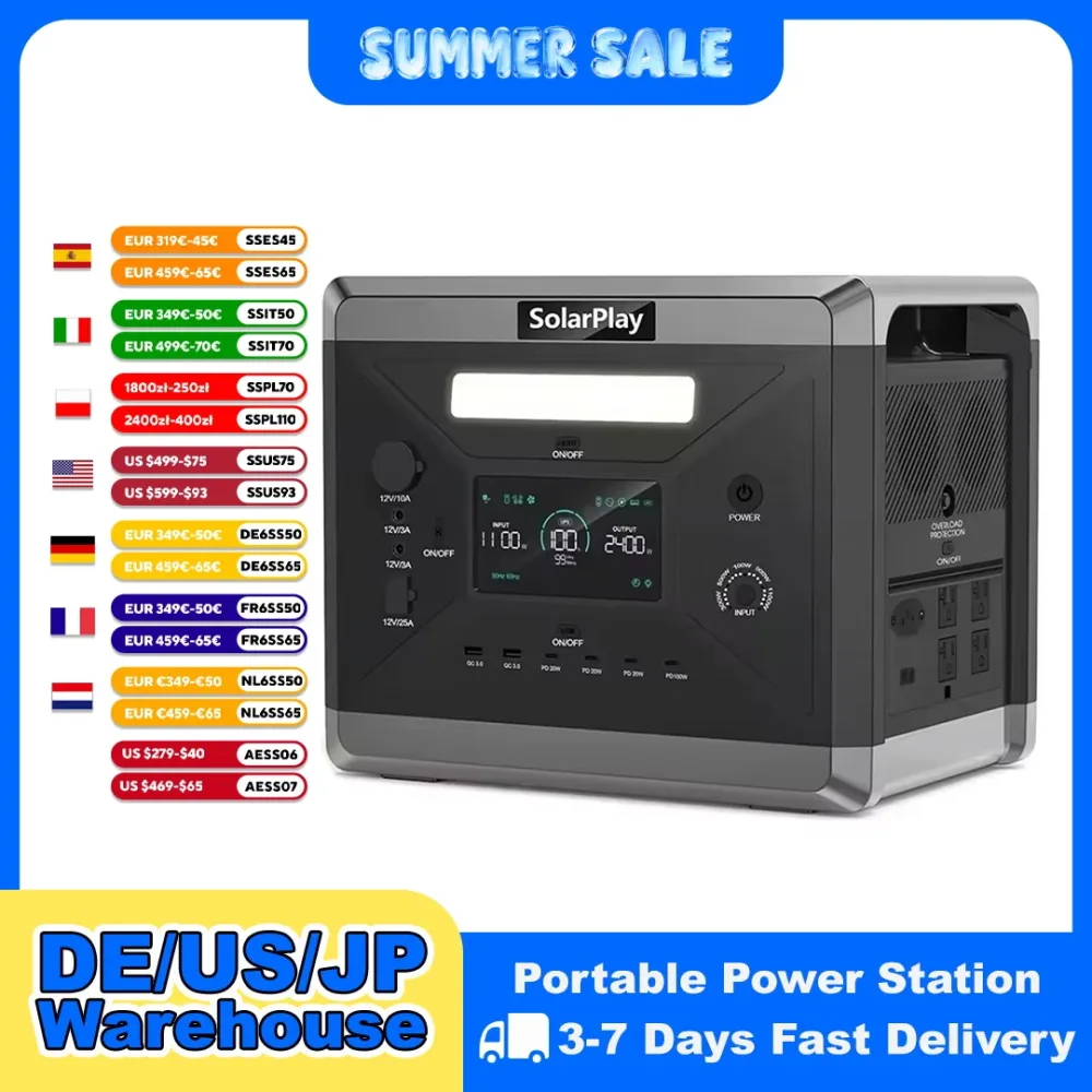 SOLARPLAY Camping Tragbares Kraftwerk Solargenerator 2400 W 2160 Wh AC-Steckdosen 12 Ausgangsanschlüsse vollständig aufgeladen in 1,5 Stunden