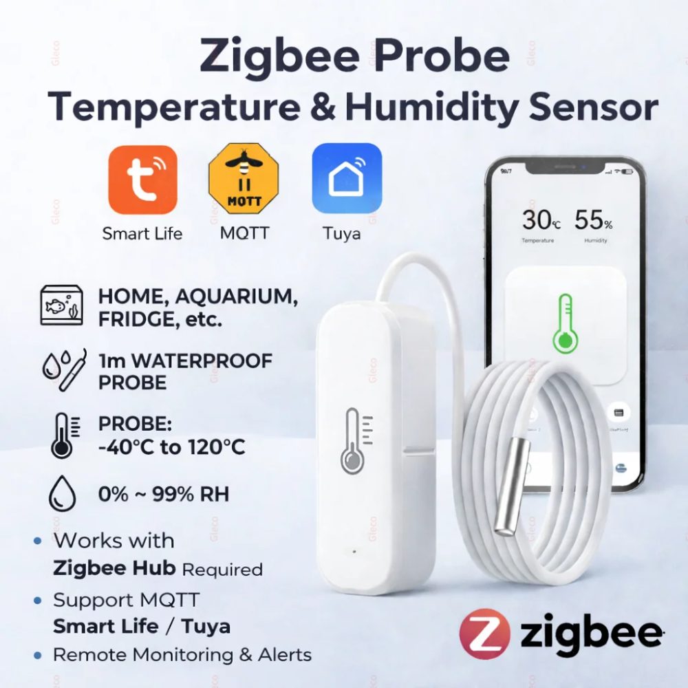 Zigbee Smart Thermometer Hygrometer mit Sonde zur Erkennung von Pool-, Kühlschrank- und Gefrierschrankflüssigkeiten, Temperatursensor für 2MQTT TUYA Smart Life