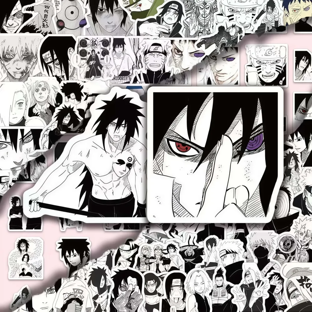 100 Stück Naruto Schwarz-Weiß Manga-Stil Aufkleber-Set, Klassische Anime-Charakter-Szenen Aufkleber für Laptop, Skateboard & DIY-Dekoration