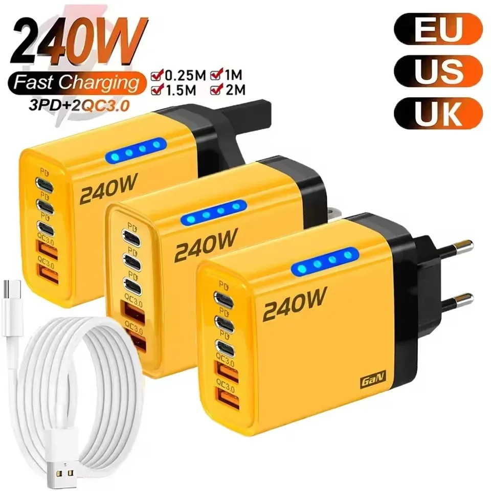 GaN Schnellladegerät 240 W 5 Ports PD Quick Charge 3.0 2USB 3Typ C für iPhone 15 16 17 Samsung Xiaomi Huawei Tablet EU US UK Stecker