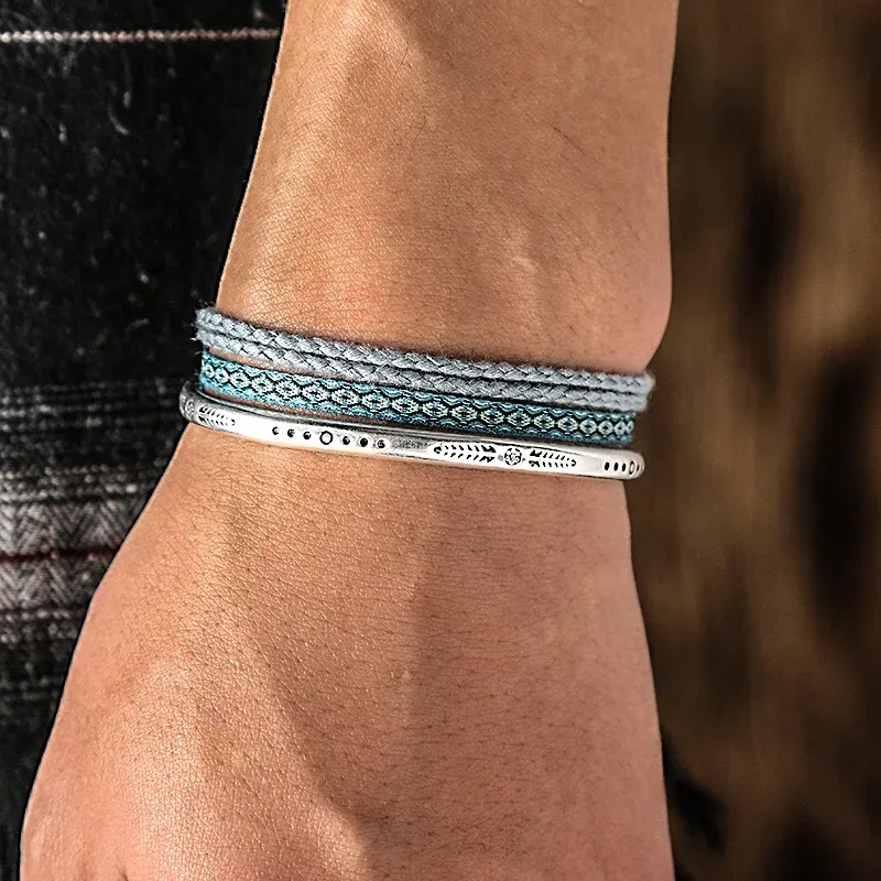 Glückliches gewebtes Seil, handgefertigte Armbänder für Damen und Herren, einfacher Armreif aus 925er tibetischem Silber, verstellbar, 3 Stück, Charm, böhmische Stile, Geschenk