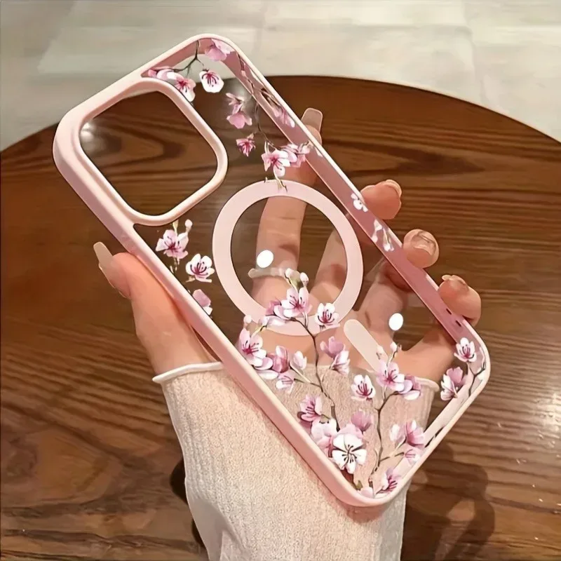 Pink Cherry Elegantes Blumenmuster-Design Magnetische Handyhülle für iPhone 18 17 16 15 14 13 12 Pro Max 11 16Plus 16E Air Cover