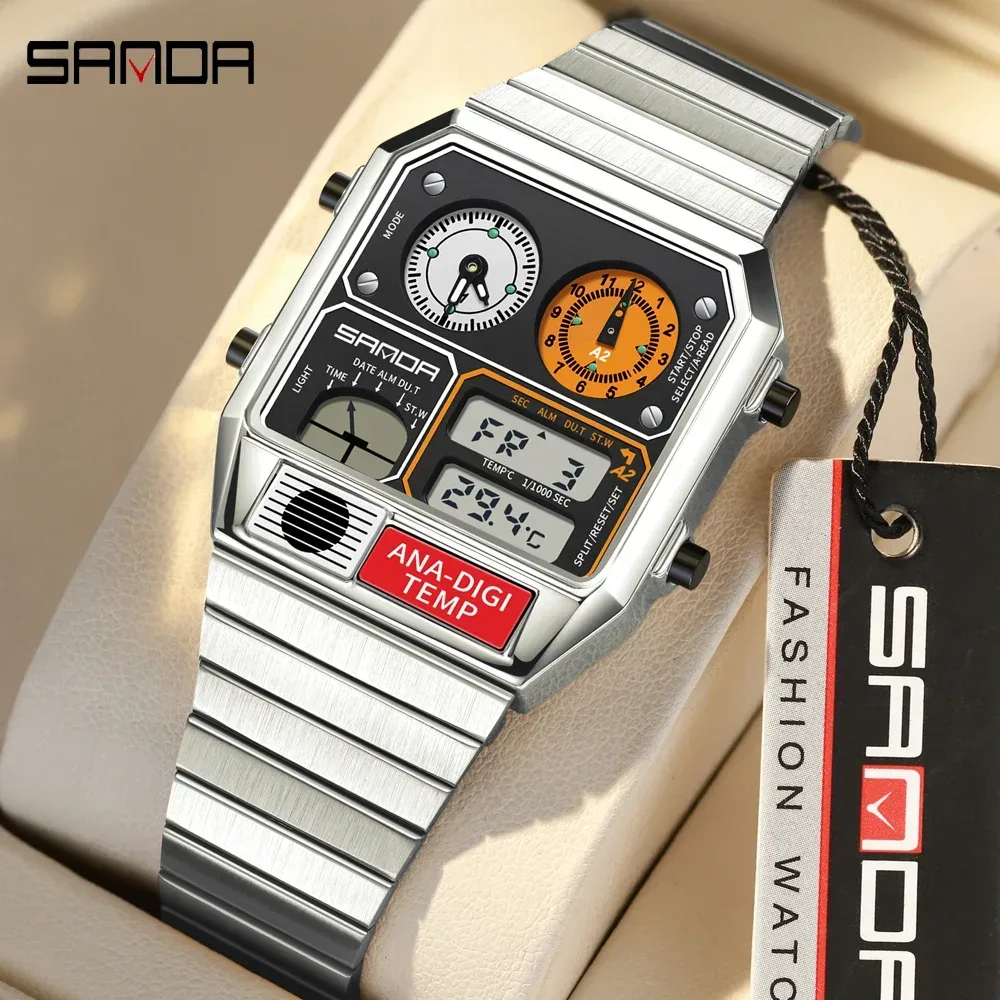 SANDA Elektronische Uhr Männer Quadratische Stahlband Digitale Armbanduhr Temperaturmessung Stoppuhr Timing Multifunktionsuhr