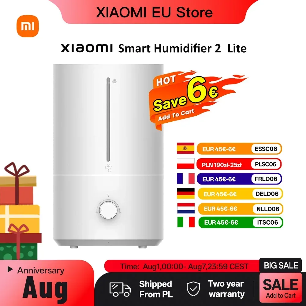 XIAOMI Luftbefeuchter 2 Lite Luftbefeuchter mit Befeuchtung 300 ml/h, Wassertank mit 99,9 % antibakterieller Wirkungsgrad, 4 l Fassungsvermögen