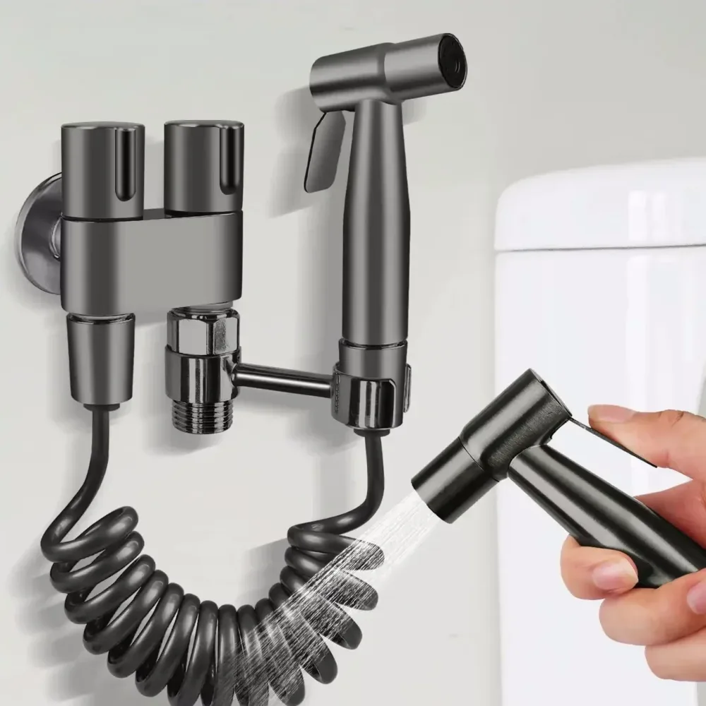 304 Edelstahl Toiletten-Sprühpistole Handgehaltener Toiletten-Bidet-Sprüher Bidet Doppelauslass Bidet-Toilettenzubehör