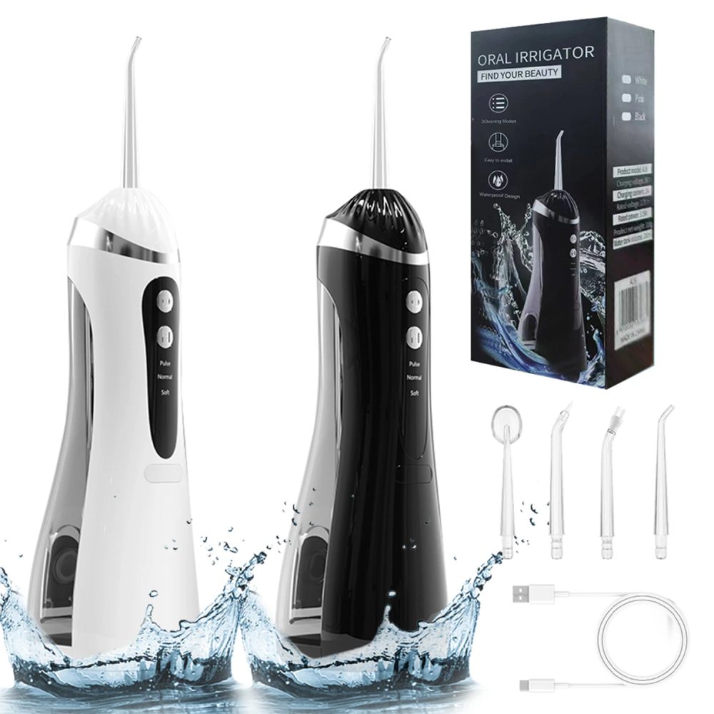 Elektrische Munddusche, 3 Reinigungsmodi, USB wiederaufladbar, wasserdicht, IP65, Munddusche, 4 Düsen, tragbare Zahndusche