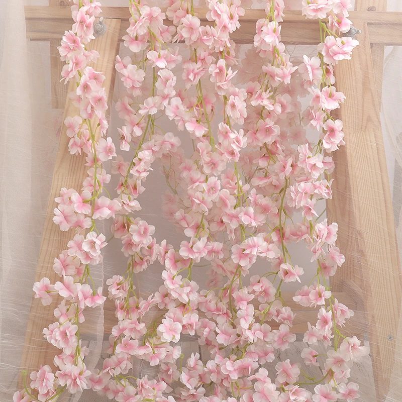 Künstliche Sakura-Blumen, Ranke, zum Aufhängen, gefälschte Blumengirlande, Hausgarten, Hochzeit, Bogen, Party, Kirschblüten-Wanddekoration, Arrangement