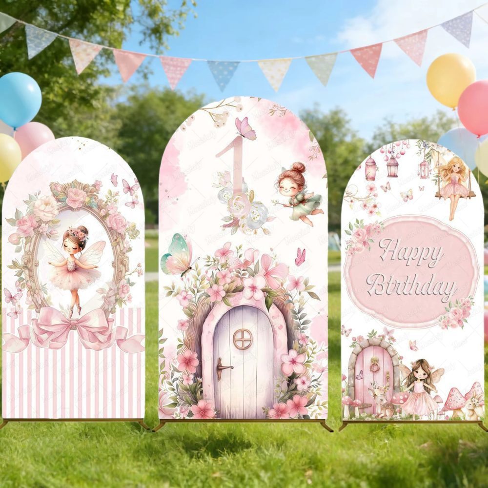 Maßgefertigter Wunderland-Feen-Pilz-Schmetterling Chiara Bogen-Hintergrundbezug für Ballett-Mädchen Geburtstagsfeier Babyparty Dekoration