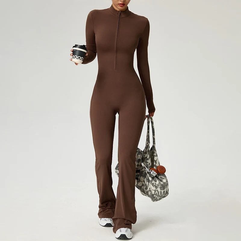 TRY TO BN Damen-Fitness-Jumpsuit mit langen Ärmeln und Reißverschluss, hochfester Yoga-Bodysuit für Fitness-Workout, Sportbekleidung, einteilige Kleidung