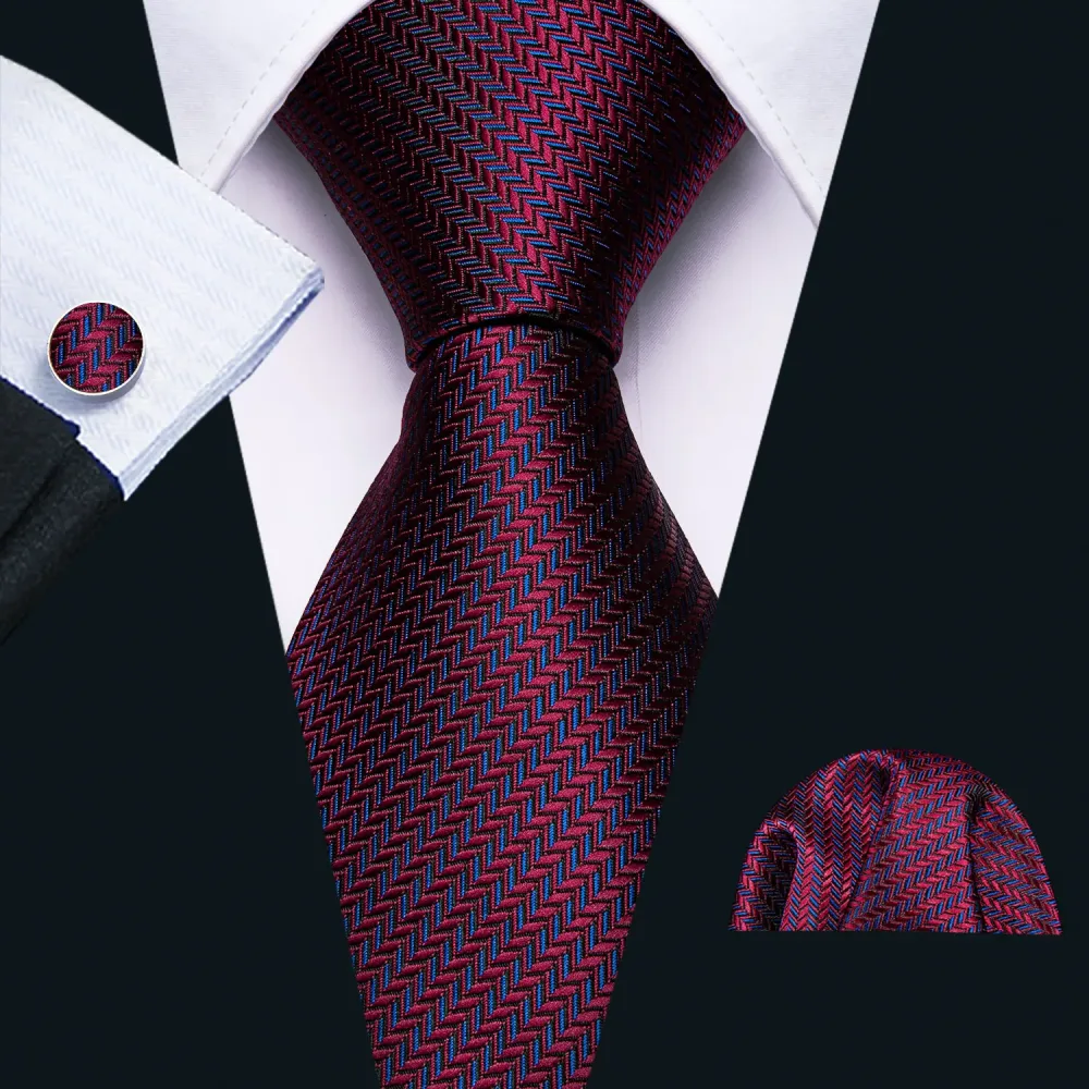 Rote Seide Hochzeit Krawatte Jacquard gewebte gestreifte Krawatten für Männer Krawatte Taschentuch Manschetten knopf Set Barry.Wang Modedesigner FA-5028
