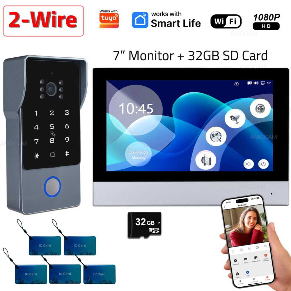 2-Draht Smart Home WLAN 1080P Video-Gegensprechanlage, Kompatibel mit Tuya, 7'' Touchscreen-Monitor, Video-Türklingel mit Kamera