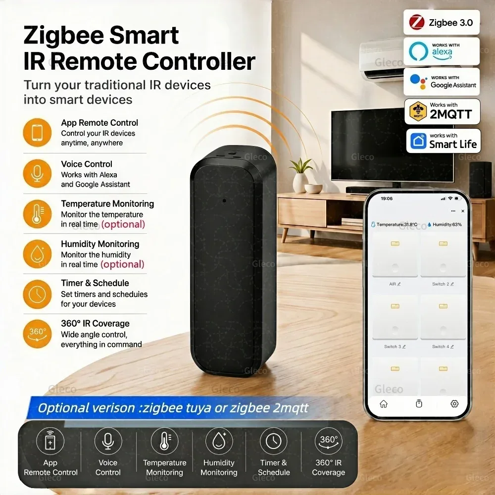 Zigbee IR-Fernbedienung, universeller Infrarot-Controller mit Temperatur- und Feuchtigkeitssensor für TUYA Smart Life Zigbee2mqtt Gateway