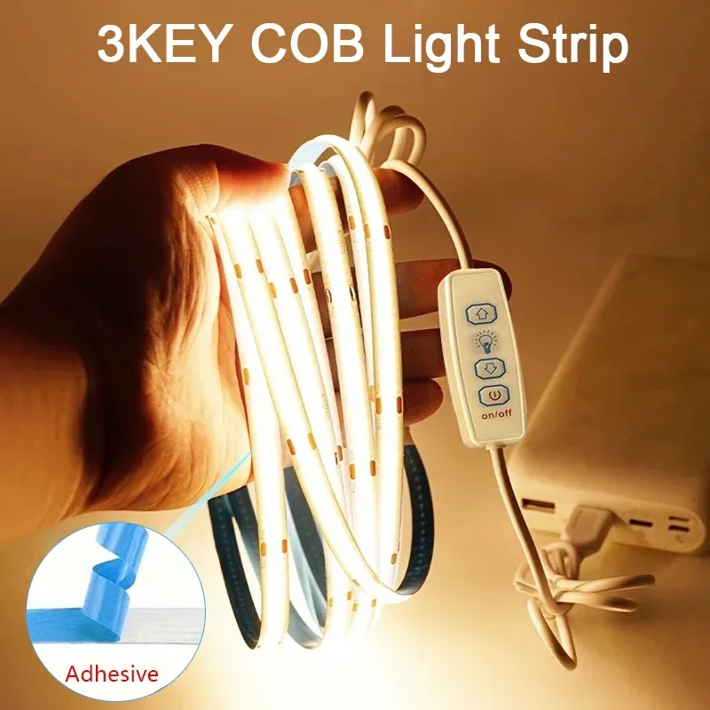 5V USB COB LED-Streifenlichter mit 3-Tasten-Dimmer, flexibles Diodenband, weiß, warmweiß, für Zimmer, TV, Spiegel, Hintergrundbeleuchtung, Schrankleuchte