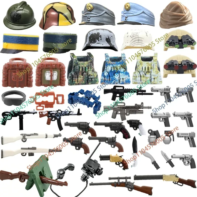 MOC Militär-Soldatenfigur Bausteine 3D UV-Gedruckte Waffen Helm Weste Taktischer Gürtel Rucksack Granaten Zubehör Bausteine T34