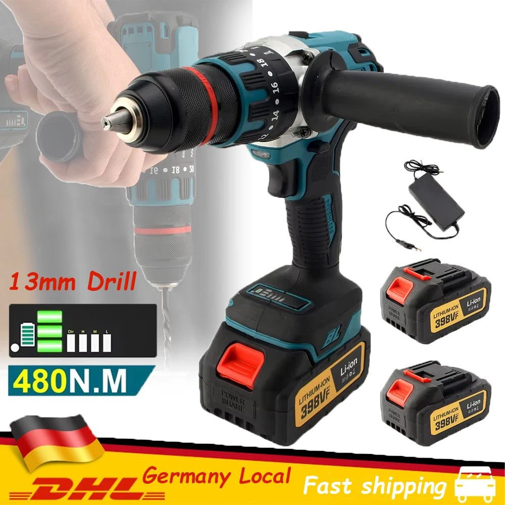 480 N.M Bürstenloser elektrischer Schlagbohrschrauber Akku-Bohrschrauber DIY-Treiber 13 mm Elektroschrauber Elektrowerkzeug für Makita 18 V Akku-Pin