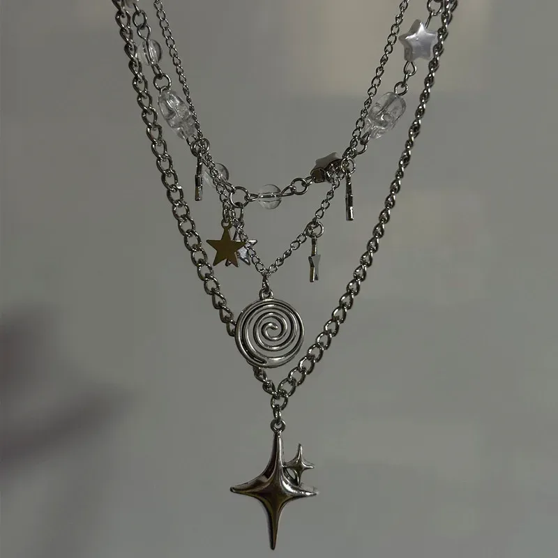 Edelstahl-Spiralanhänger-Halskette / Mehrlagiger Choker / Stern-Charm-Halskette / Grunge Cyber Y2K Fairycore Subversive Archive