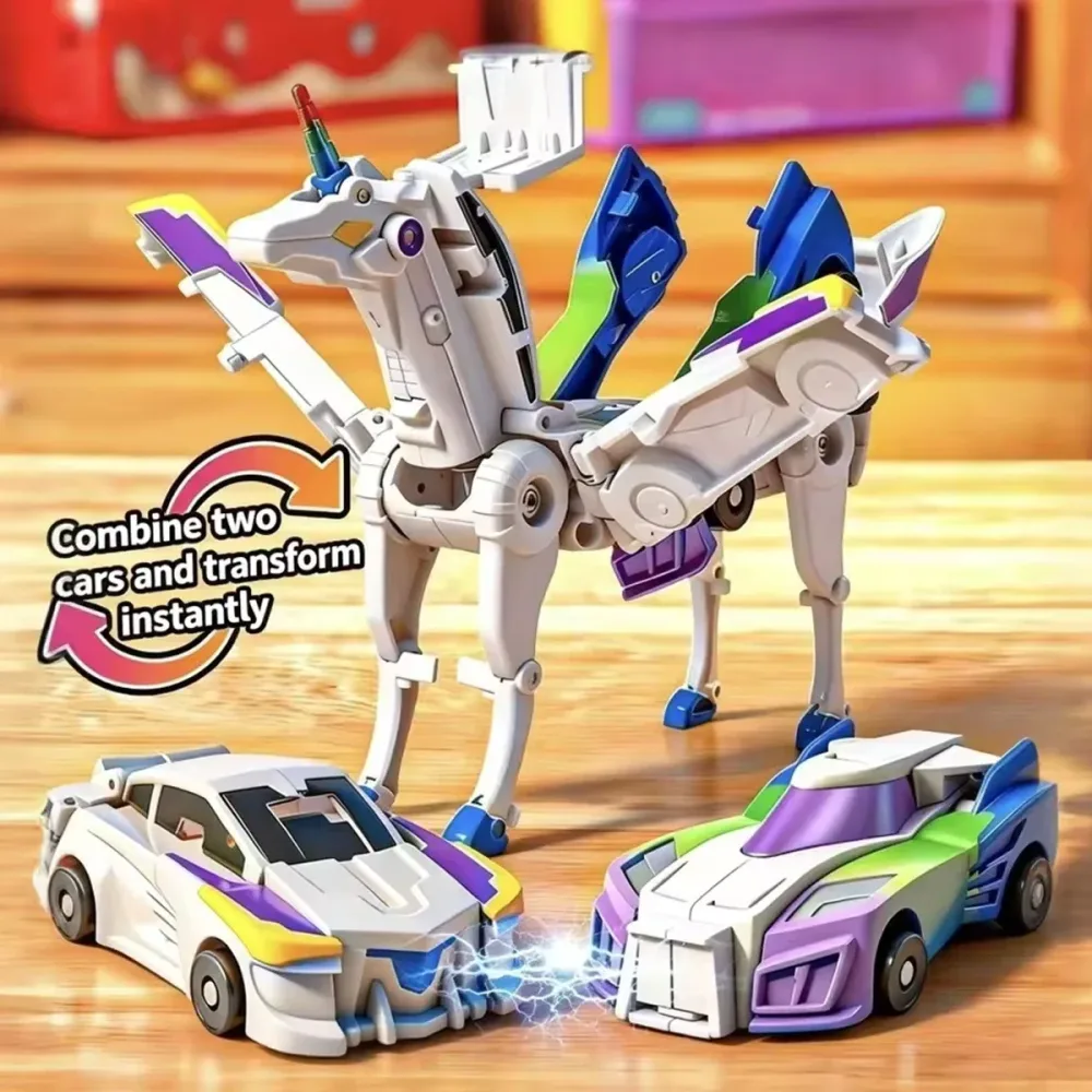 Neue Einhorn-Transformers: Magische Verwandlungs-Superkombinations-Auto-Spielzeuge 2-in-1 Magnetisches Kollisions-Transformationsauto für Kinder zum Selbstbau