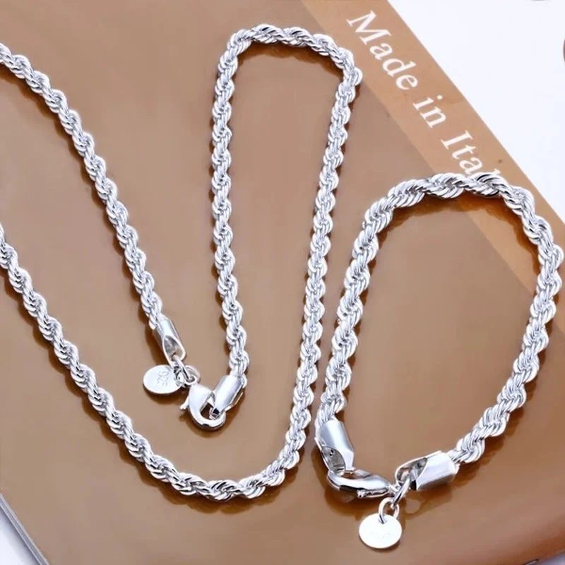 Hohe Qualität 925 Silber 4 MM Frauen Männer Kette Männlich Twisted Seil Halskette Armbänder Mode Silber Schmuck Set