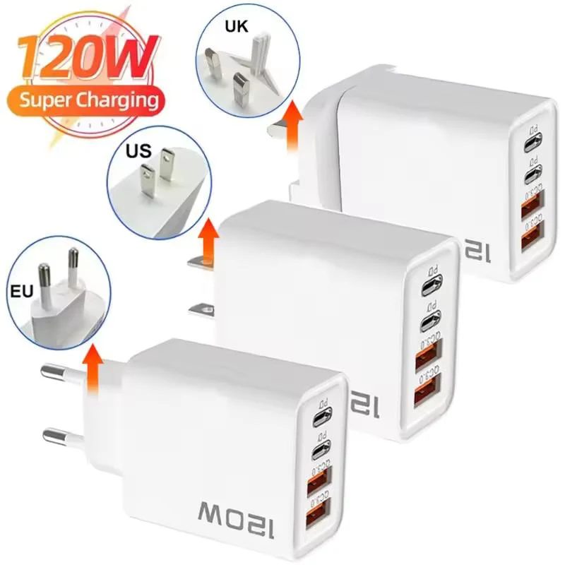 Schnelles USB-Typ-C-Ladegerät 120W 4-Port PD Quick Charge 3.0 für iPhone Samsung Xiaomi Huawei EU US UK Stecker Telefonadapter