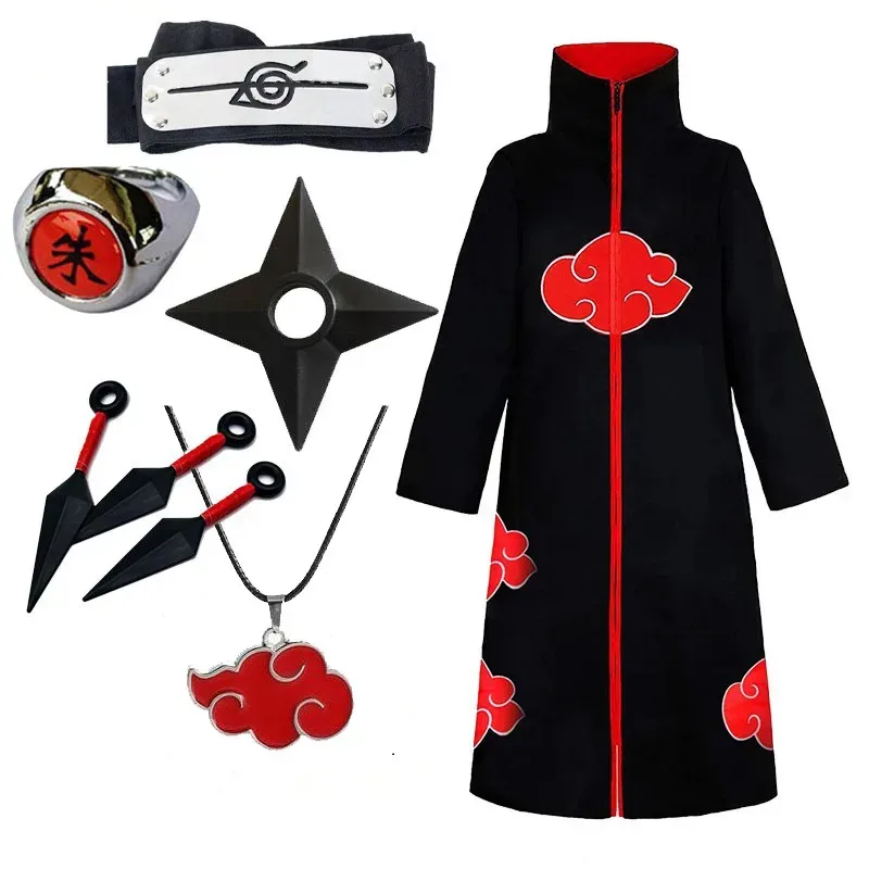 Akatsuki Uchiha Itachi Umhang für Erwachsene Langer Schwarzer Umhang Halloween Karneval Cosplay Kostüm mit Zubehör