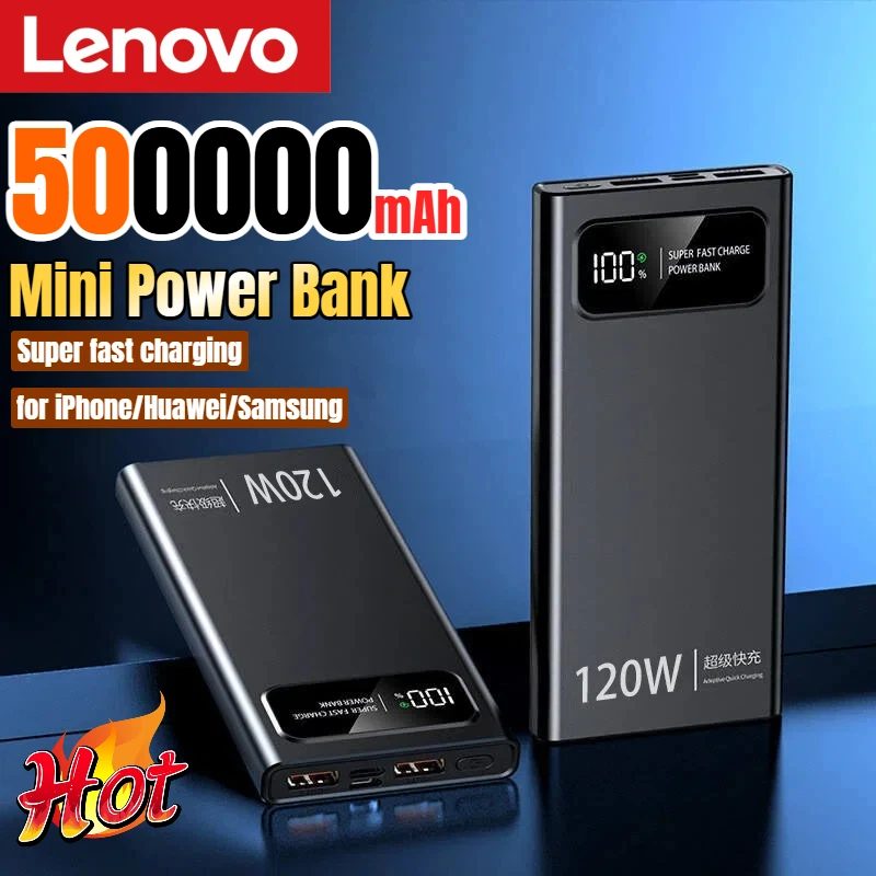 Lenovo 500000mAh Powerbank 120W Hochleistungs-Digitalanzeige Superschnelle Lade-Powerbank für iPhone Huawei Samsung 2026 Neu