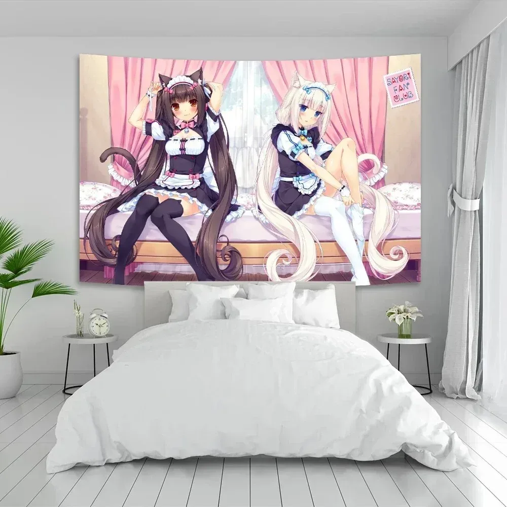 Anime Nekoparas Wandteppich Kawaii Hintergrund Stoff Wanddekoration Psychedelic Mädchenschlafsaal Rosa Zimmer Banner
