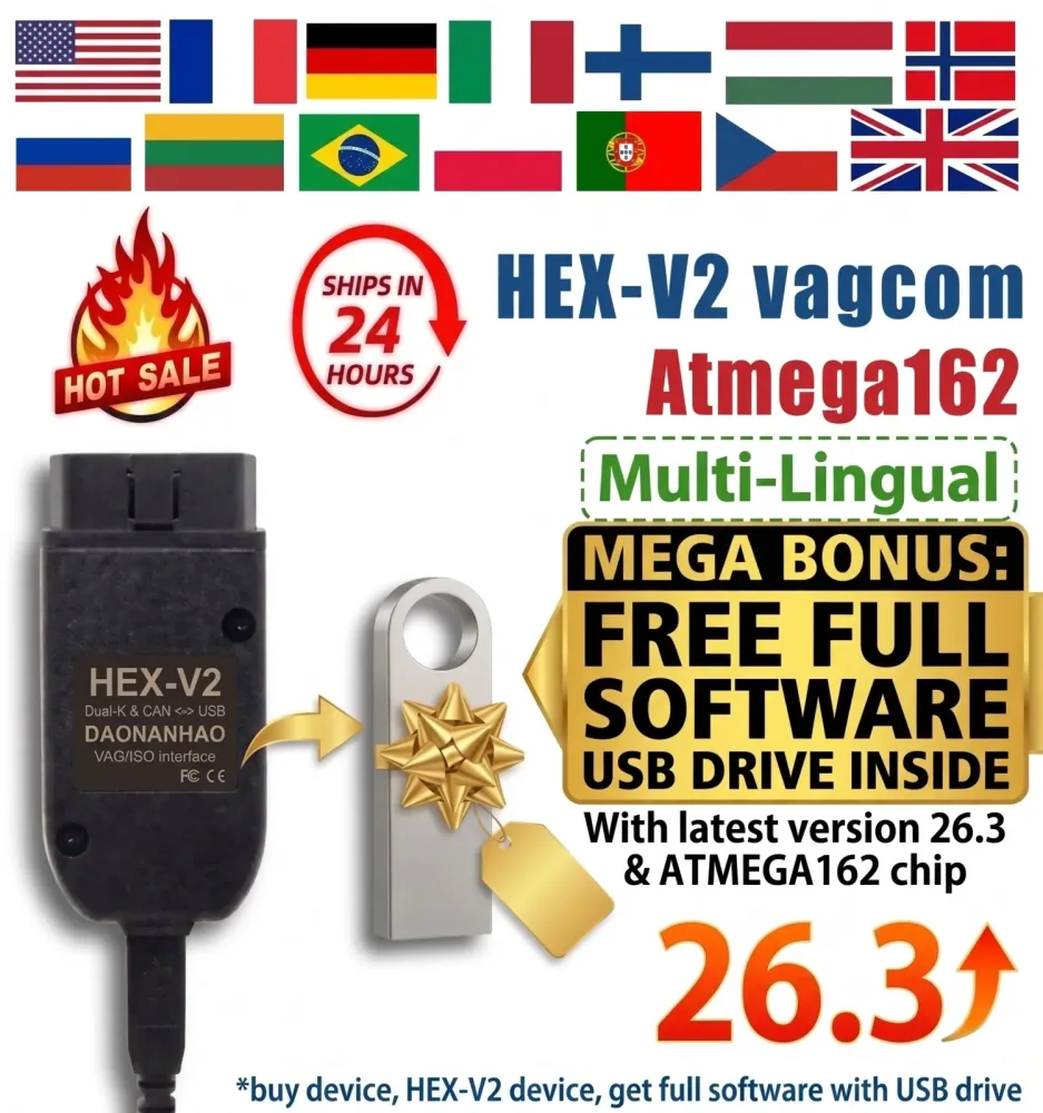 2026 VCDS 26.3 HEX V2 OBD2 Diagnosekabel für VAG-Fahrzeuge, Gratis USB-Stick mit Software, Mehrsprachiger Scanner