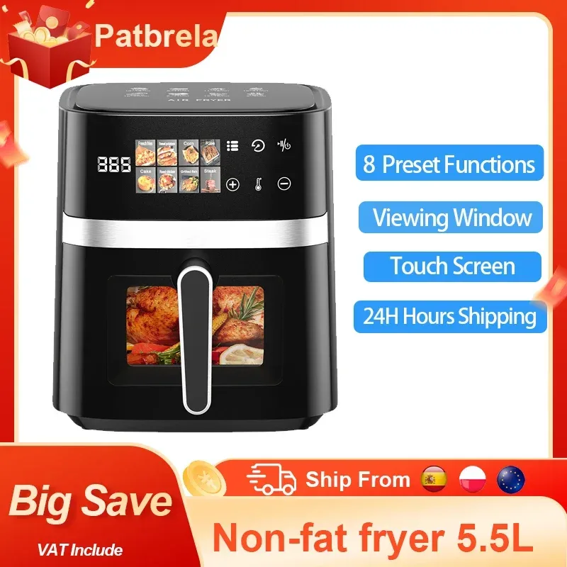 Patbrela 5,5L Heißluftfritteuse 1350W Ölfreie Elektrische Fritteuse mit Timer-Steuerung für Küche und Haushalt Fettfreie Fritteuse