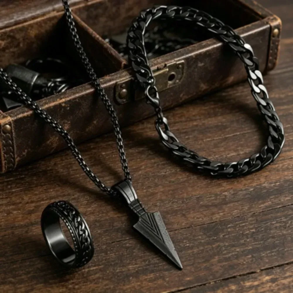 Hip-Hop Herren Metall-Kreuz Anhänger Kette Halskette Armband Ring Schmuckset