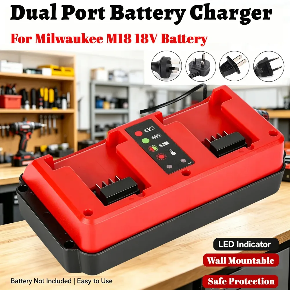 Dual-Port-Schnellladegerät für Milwaukee M18 14,4V-18V Akku, intelligentes sequentielles Laden, LED-Anzeige, Wandmontage