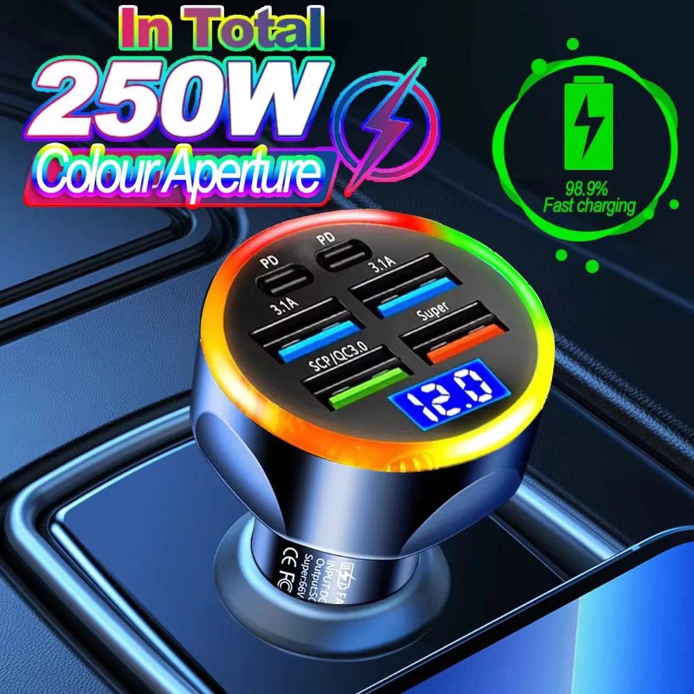 66-250 W PD-Autoladegerät QC3.0 Schnellladung Ein bis Sechs Auto-Zigarettenanzünder-Stecker Autoladegerät Blitzladung mit Digitalanzeige